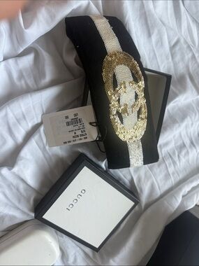 Gucci Black and White Sequin GG Headband with Gold Logo